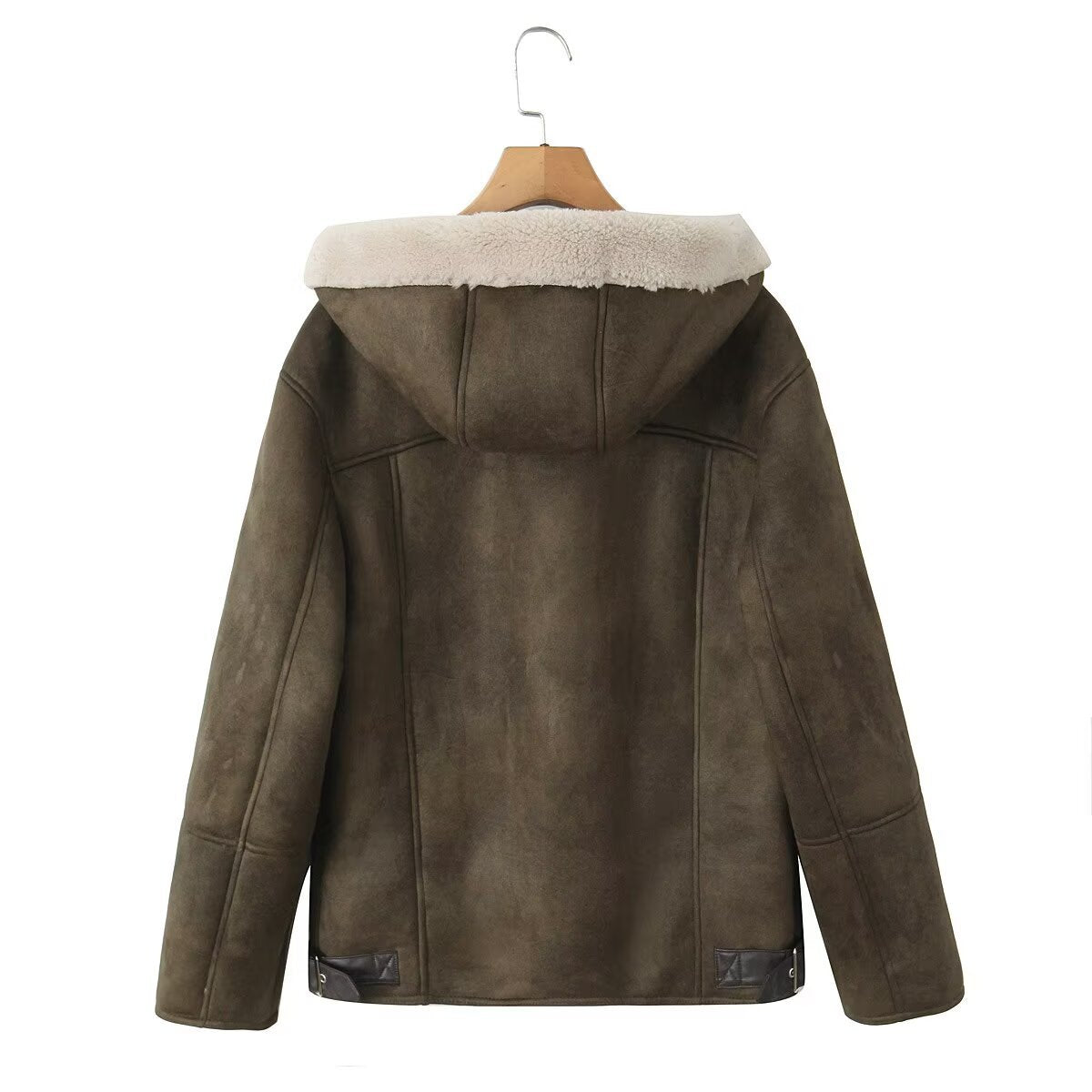 Women's Hooded Lambskin Imitation Bomber Jacket with Teddy Lining and Zip Chichicherry
