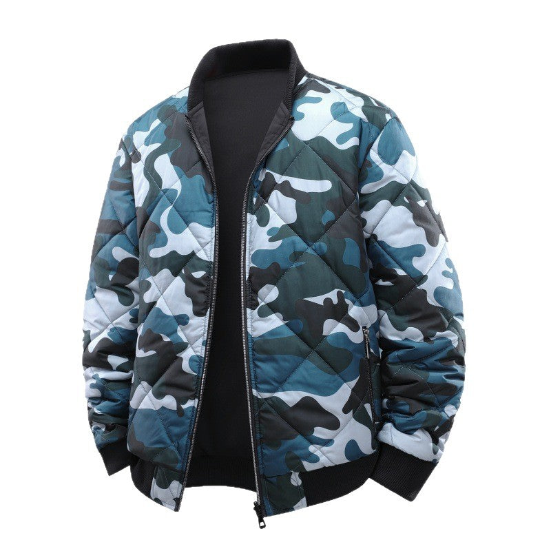 Men's Quilted Camouflage Bomber Jacket with Ribbed Cuffs and Two-Way Zipper Chichicherry
