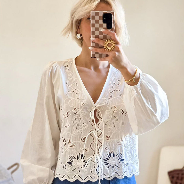 Women's Light Embroidery Anglaise Lace Blouse with V-Neck, Ties and Balloon Sleeves Chichicherry