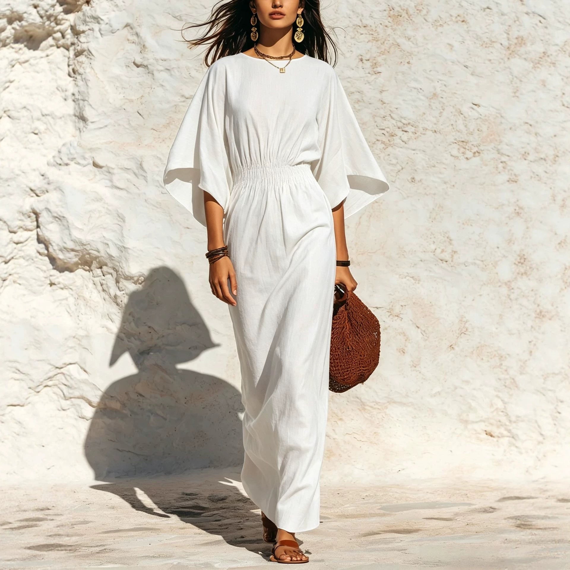 Women's maxi dress with batwing sleeves and gathered smock waist Chichicherry