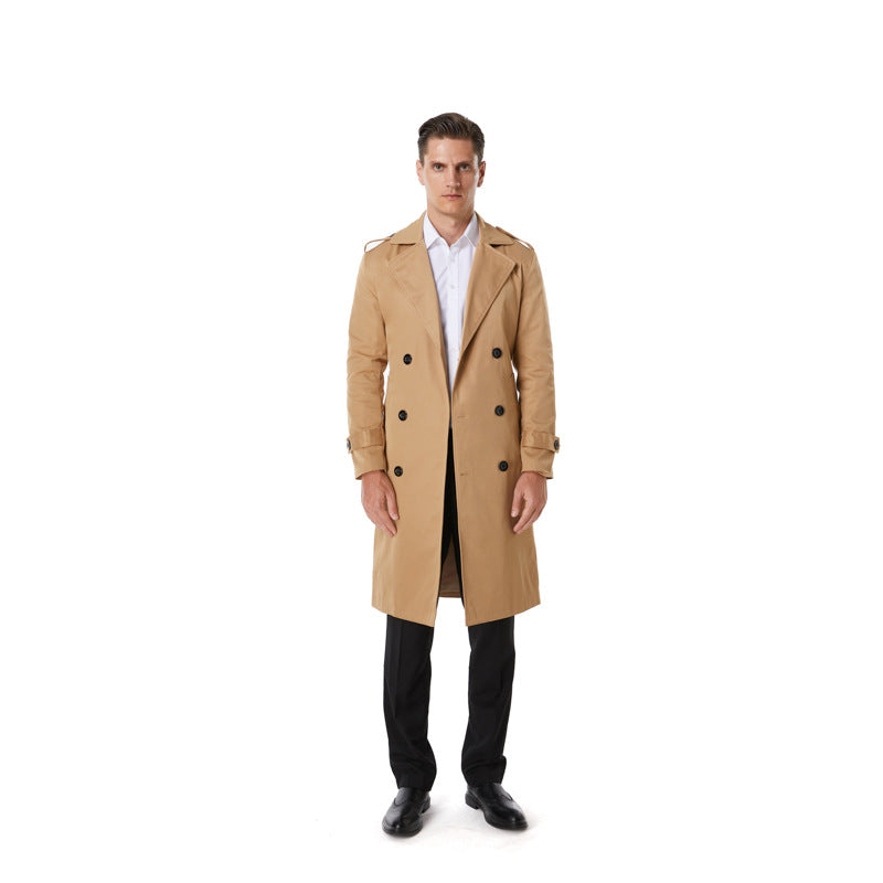 Men's Knee-Length Trench Coat in Classic Double-Breasted with Shoulder Straps and Waist Belt Chichicherry