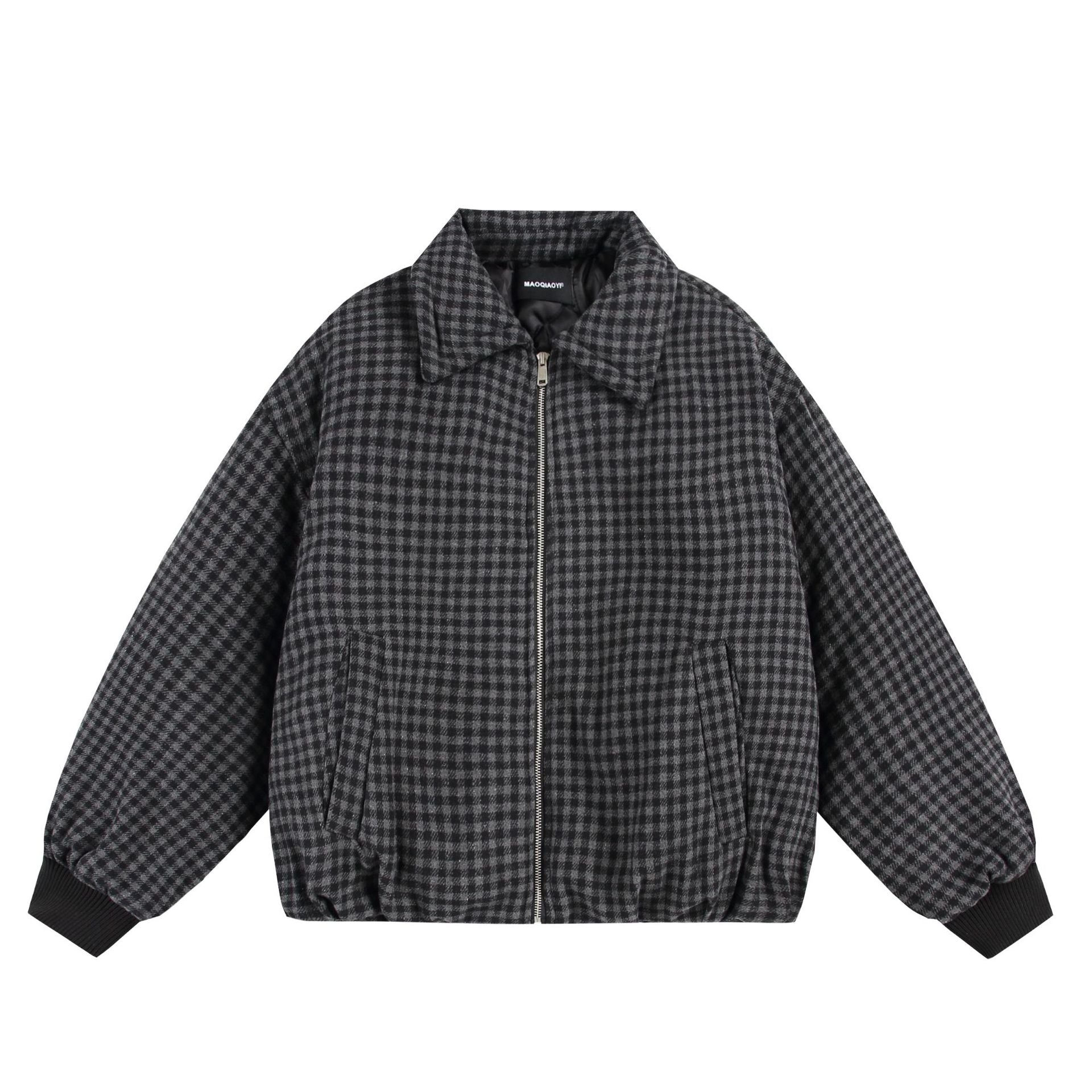Unisex Boxy-Check Quilted Jacket with Zipper and Elastic Hem Chichicherry