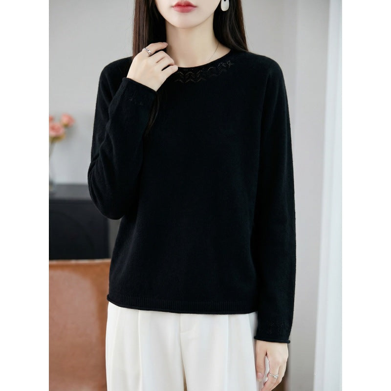 Women Light Fine Knit Crew Neck Sweater with Eyelet Detail and Casual Silhouette Chichicherry