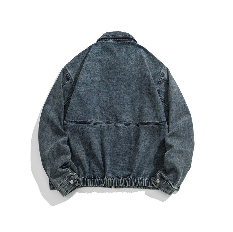 Unisex Short Cut Denim Worker Jacket with Continuous Zipper and Boxy Silhouette Chichicherry