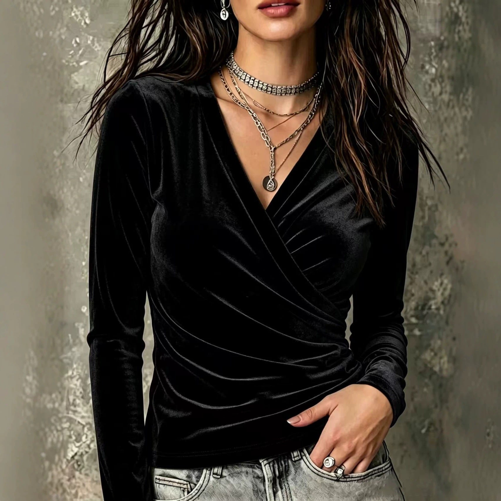 Women's Velvet Wrap Shirt with Fitted Draping Chichicherry