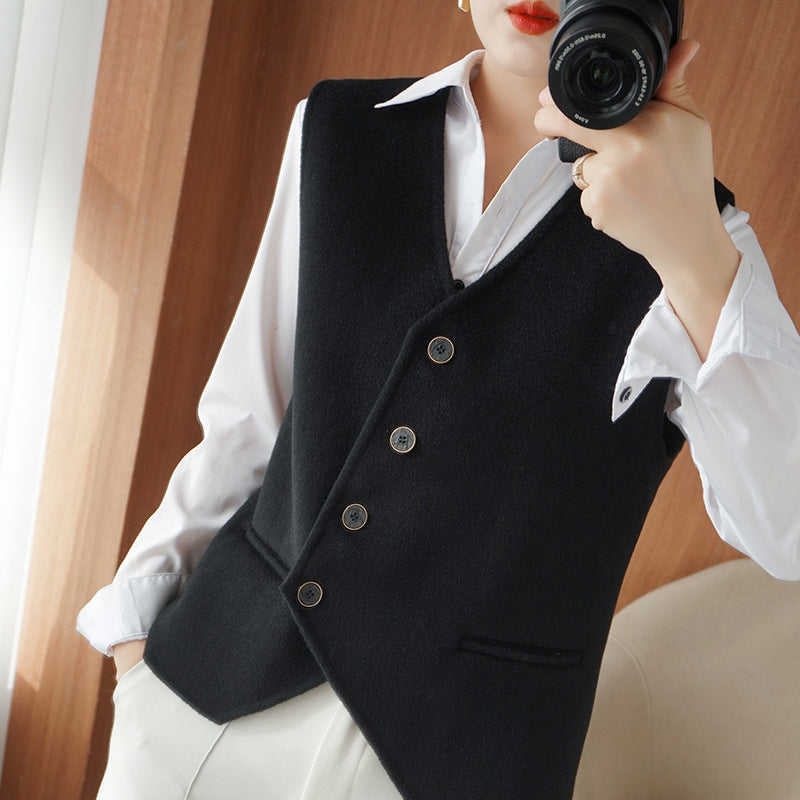 Ladies Tailored Wool Blend Vest with Asymmetrical Button Placket Chichicherry