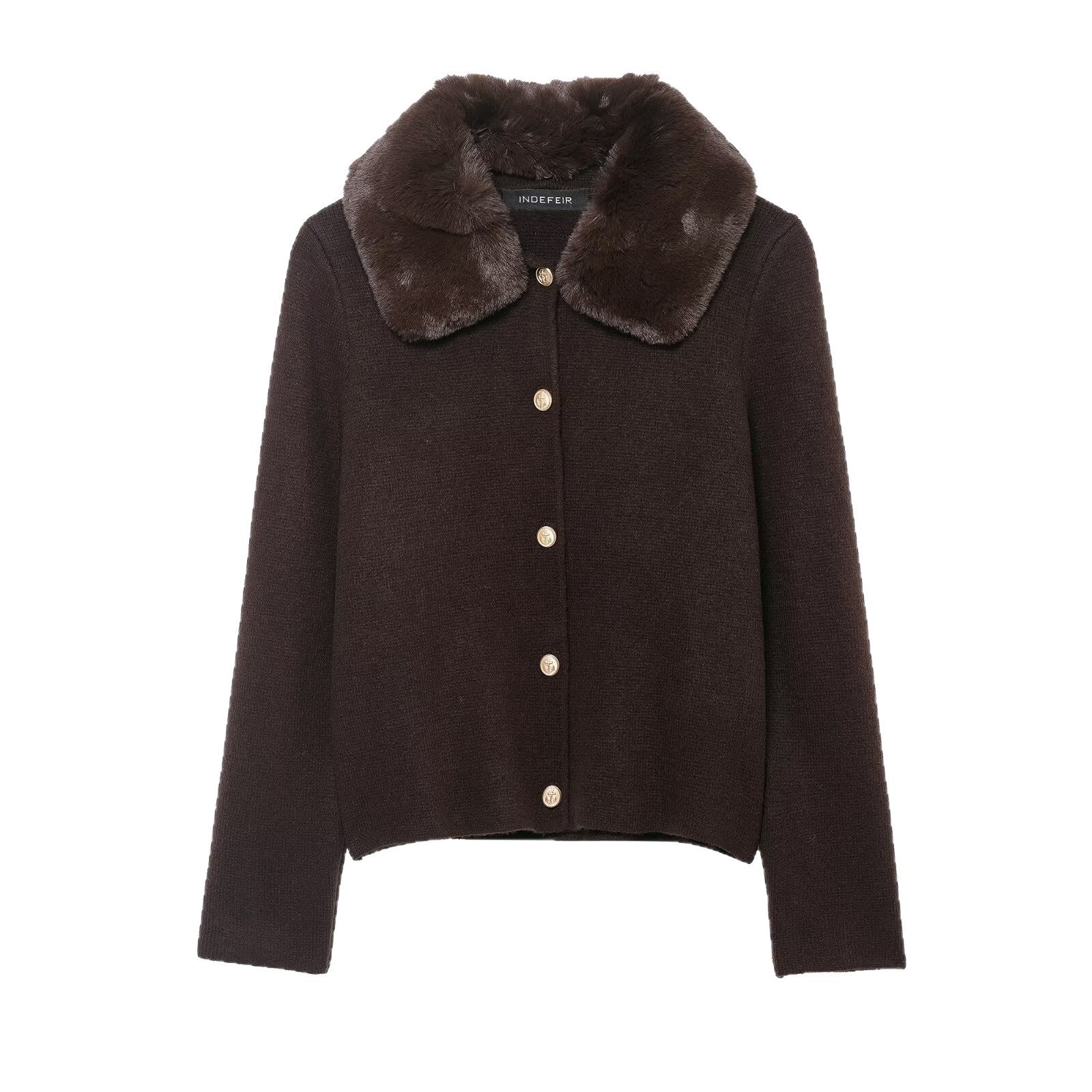 Women Short-Cut Knitted Cardigan with Detachable Faux-Fur Collar Chichicherry