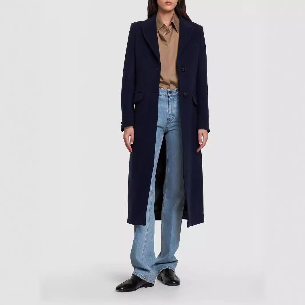 Women's Midi Length Single-Breasted Tailoring Coat with Narrow Lapels and Flap Pockets Chichicherry