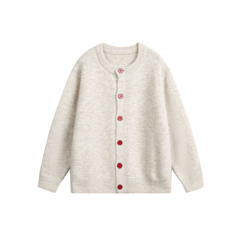 Women Buttoned Knitted Cardigan in Oversize Cut with Round Neck, Ribbed Cuffs and Contrast Buttons Chichicherry