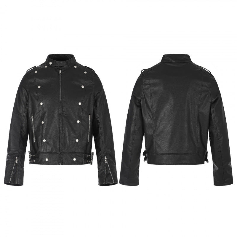 Unisex Short Cut Studded Leather Jacket in Biker Style with Stand-Up Collar, Zipper Sleeves and Waist Strap Chichicherry
