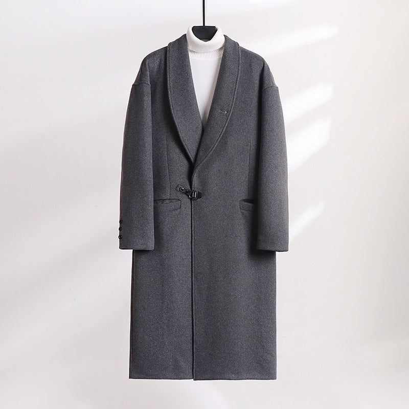 Men's Floor-Length Wool Blend Coat with Wide Shawl Collar and Decorative Toggle Closure Chichicherry