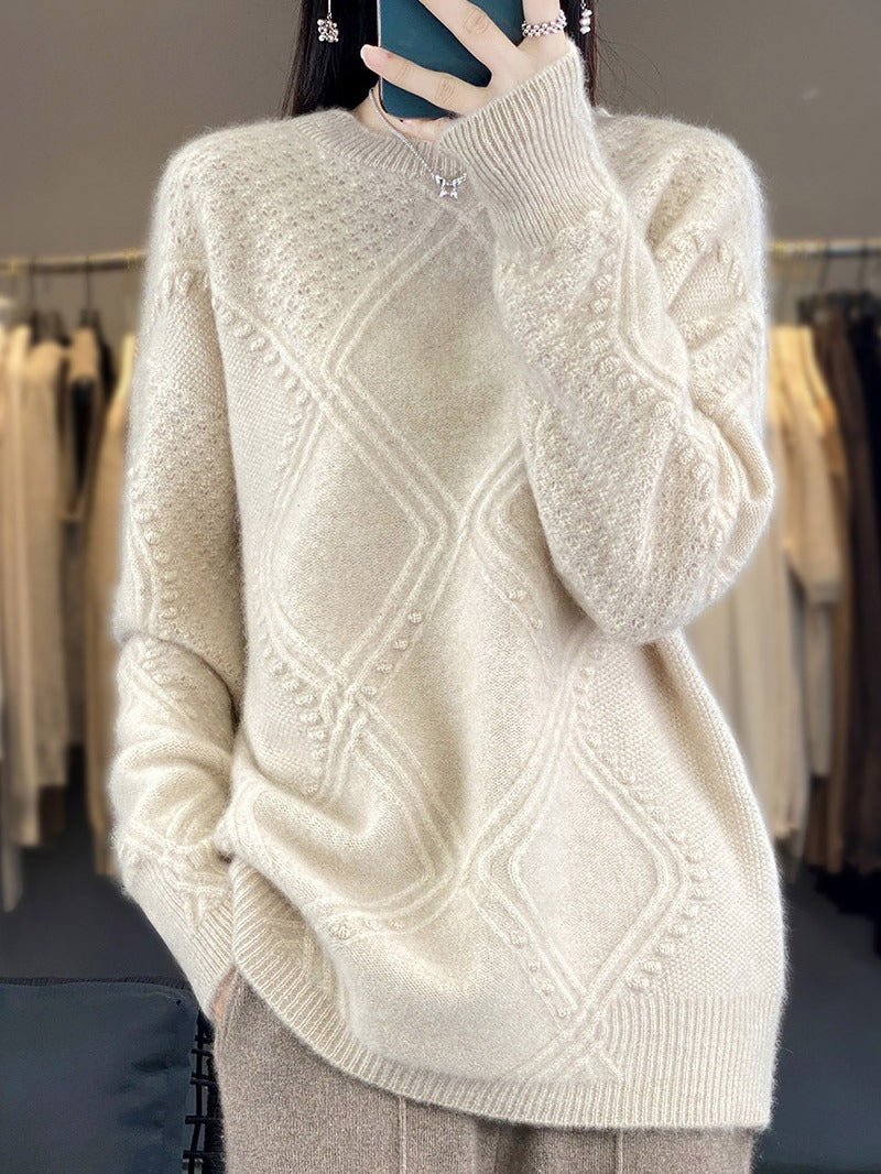 Women Cozy Mohair-Look Oversized Sweater with Diamond Structure and Nubby Details Chichicherry