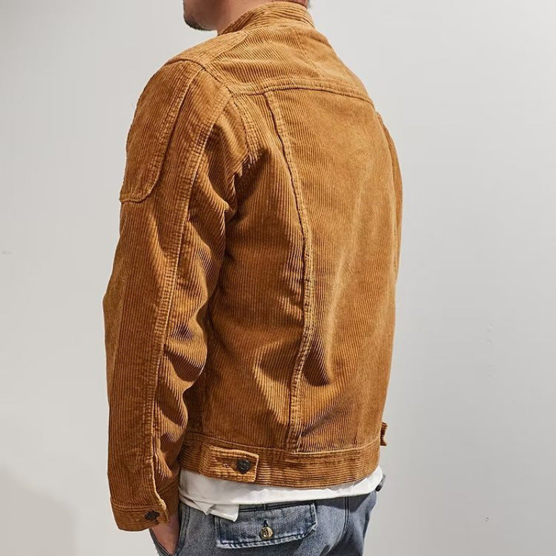 Herren Kurz geschnittene Kordjacke im Worker‑Style mit Stehkragen und Druckknopfleiste Chichicherry