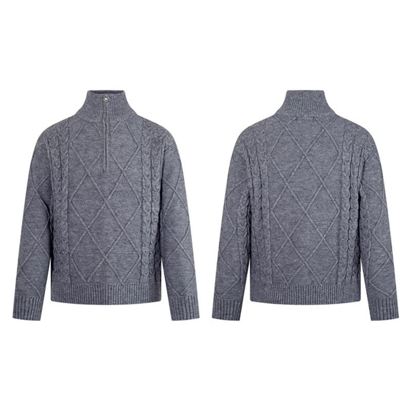 Men's knitted sweater with cable pattern, half zipper and high stand-up collar Chichicherry