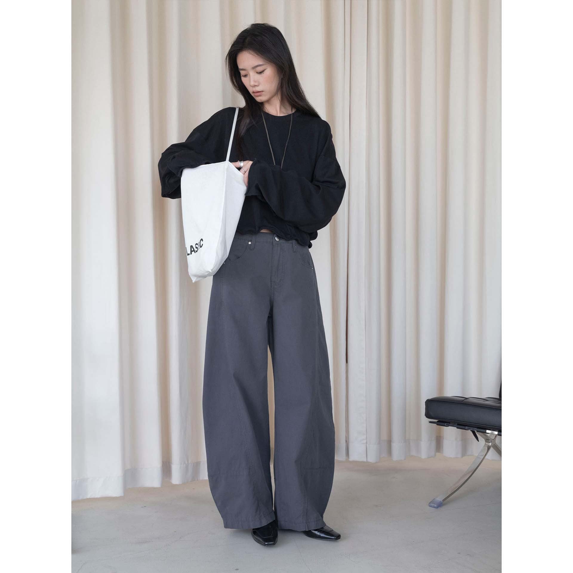 Women's Wide High-Waist Cotton Jeans with Drop Crotch and Five-Pocket Chichicherry
