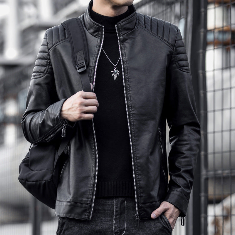 Men's Slim Faux Leather Bomber Jacket with Padded Shoulder Quilting and Stand Collar Chichicherry
