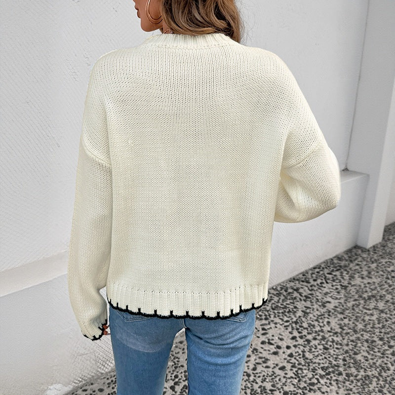 Women's chunky knit sweater with cable pattern, lace details and contrasting stripes Chichicherry