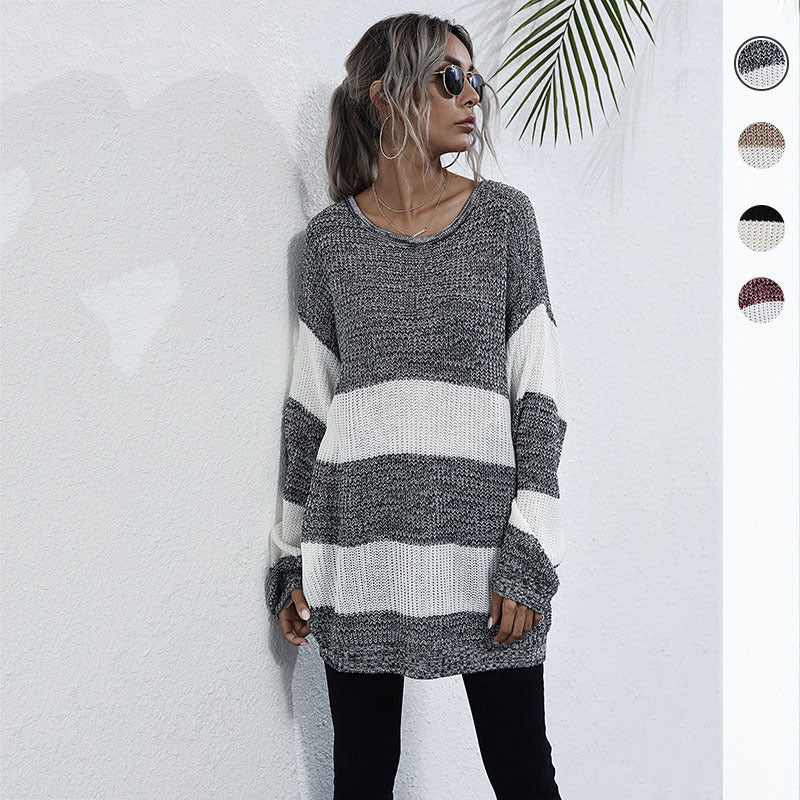 Ladies Oversize Long Sweater with Block Stripes and Round Neckline Chichicherry
