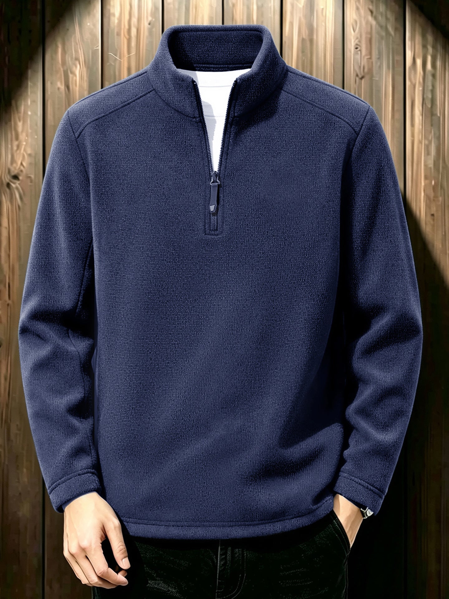 Men's Thermal Knit Fleece Pullover with Half Zip and Stand-up Collar Chichicherry
