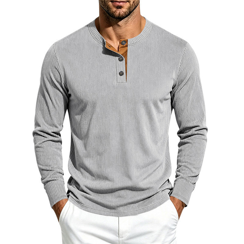 Men's Long Sleeve Ribbed Knit Henley Shirt with Button Placket and Round Neck Collar Chichicherry
