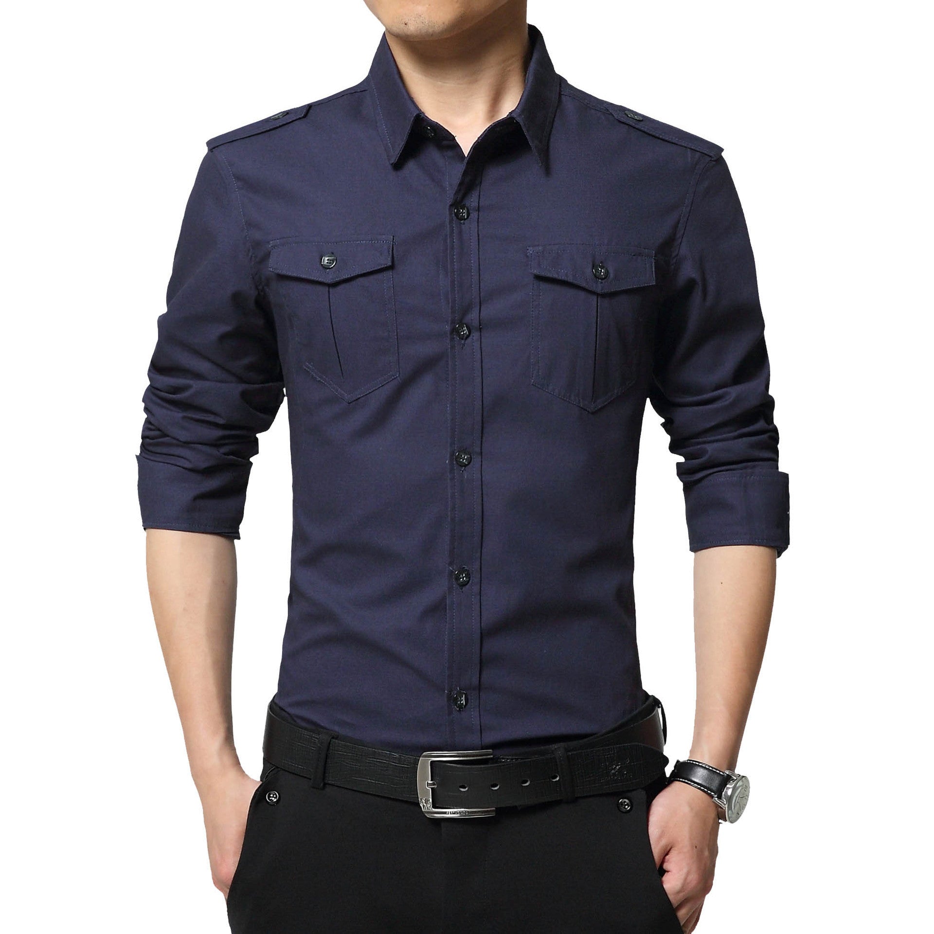 Men's Slim-Fit Cotton-Blend Utility Shirt with Shoulder Flaps and Chest Patch Pockets Chichicherry