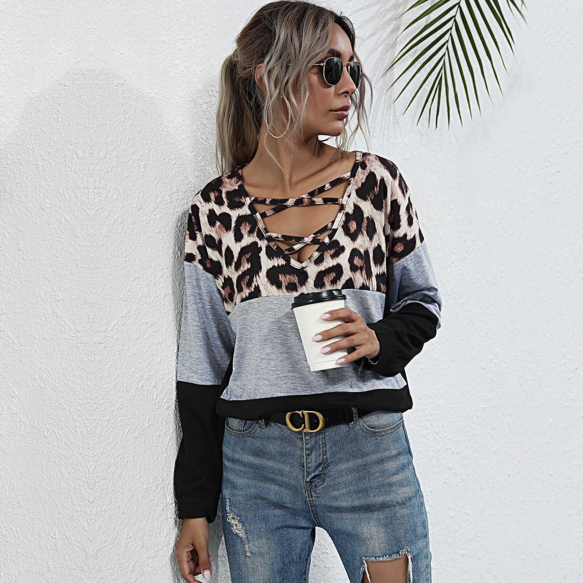 Women's Long Sleeve Shirt with Leopard Print Lacing Detail and Colorblock Chichicherry