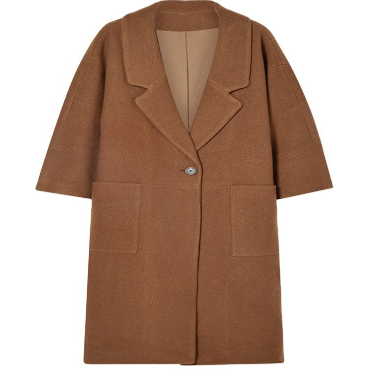 Women's Long Oversized Coat in Relaxed Wool Blend with Large Shawl Collar and Patch Pockets Chichicherry