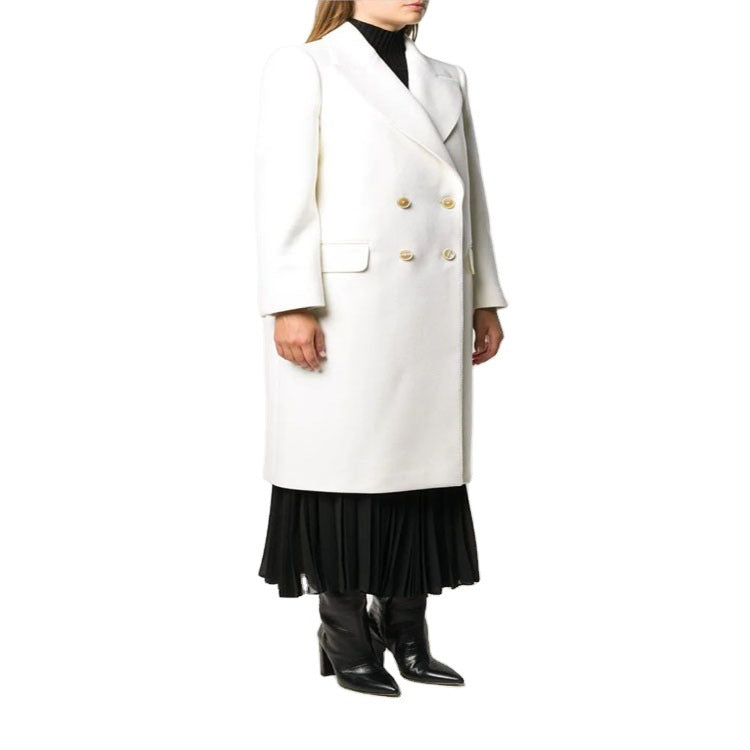Women Slim Double-Breasted Wool Blend Long Coat with Shawl Collar, Gold Button Detail and Flap Pockets Chichicherry