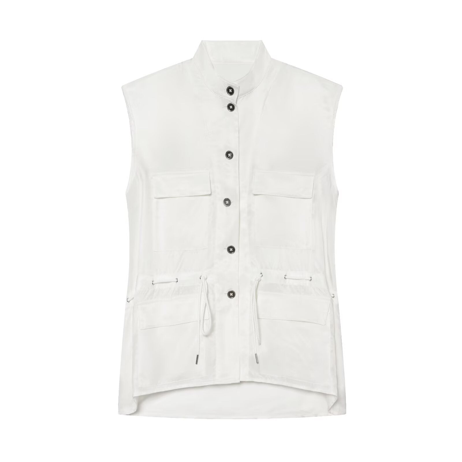 Women’s Utility Vest with Drawstring, Flap Pockets and Stand Collar Chichicherry