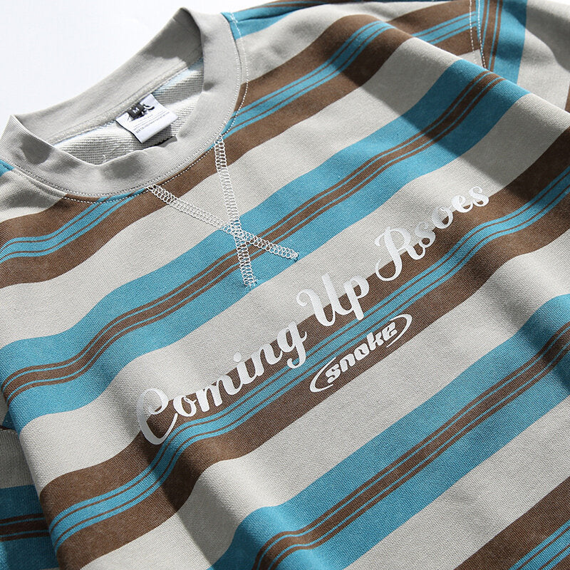 Men's Oversized Striped Sweatshirt with Drawstring Hem and Round Neck Chichicherry