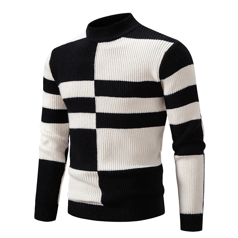 Men's Structured Mockneck Knit Sweater with Asymmetrical Block Pattern Chichicherry