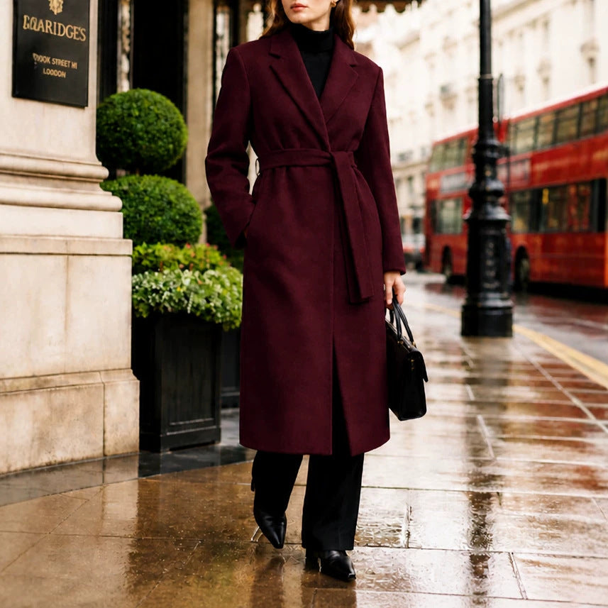 Women's Long Tailored Wool Coat with Tied Belt and Lapels Chichicherry