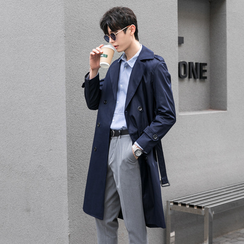 Men Water-repellent Trench Coat with Double Row, Classic Lapels and Waist Belt Chichicherry