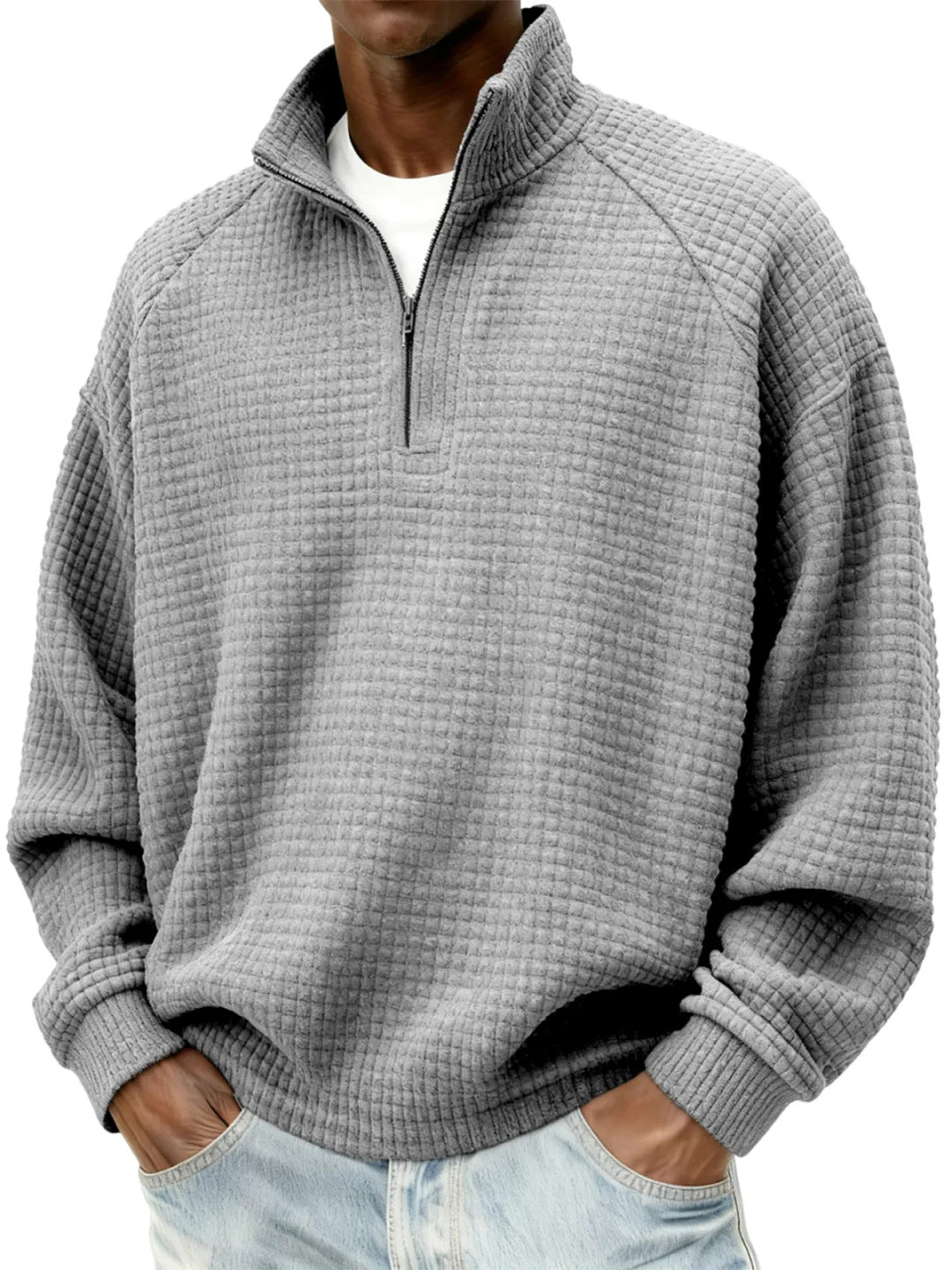Men's Waffle Knit Oversized Sweater with Half-Zip and Stand-Up Collar Chichicherry