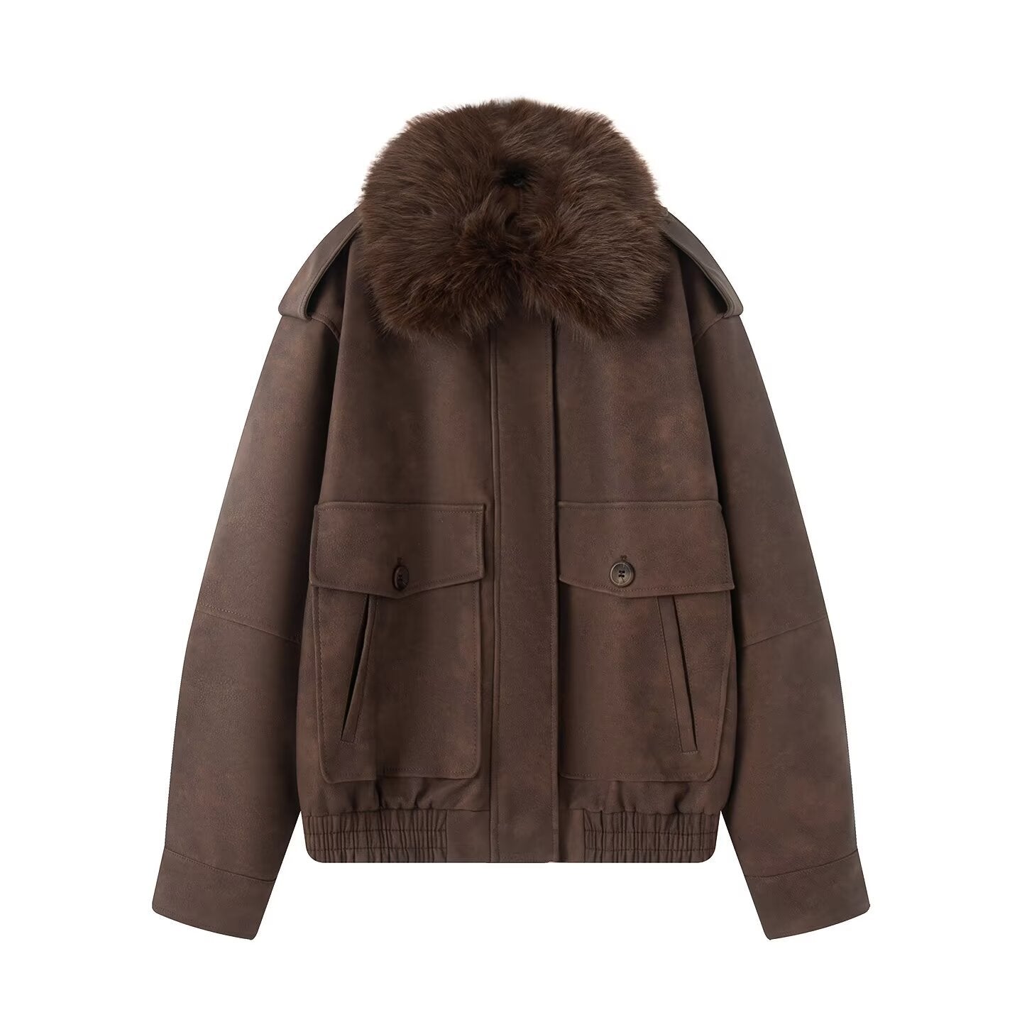 Women short-cut bomber jacket with voluminous faux fur collar and applied flap pockets Chichicherry