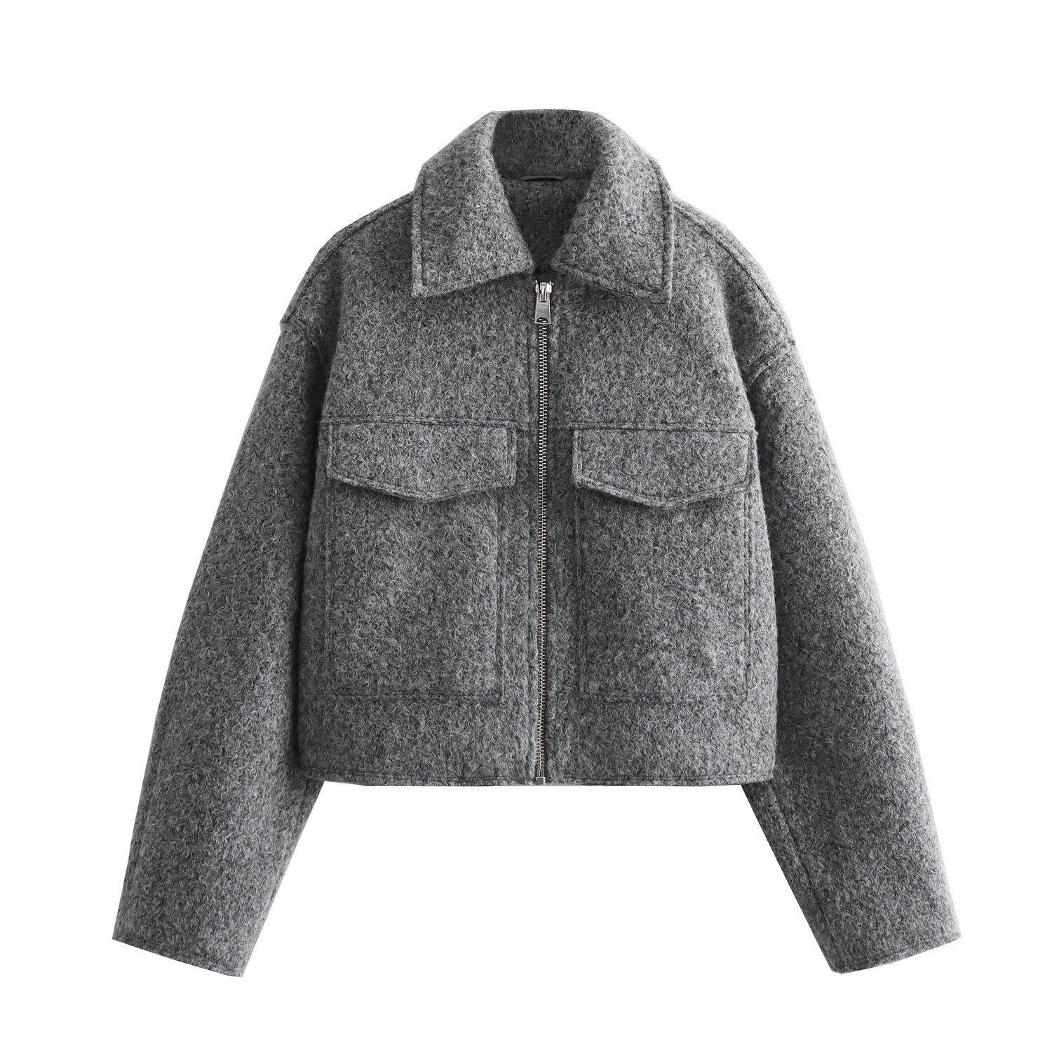 Women Short Boucle Jacket in Boxy Cut with Zip and Flap Pockets Chichicherry