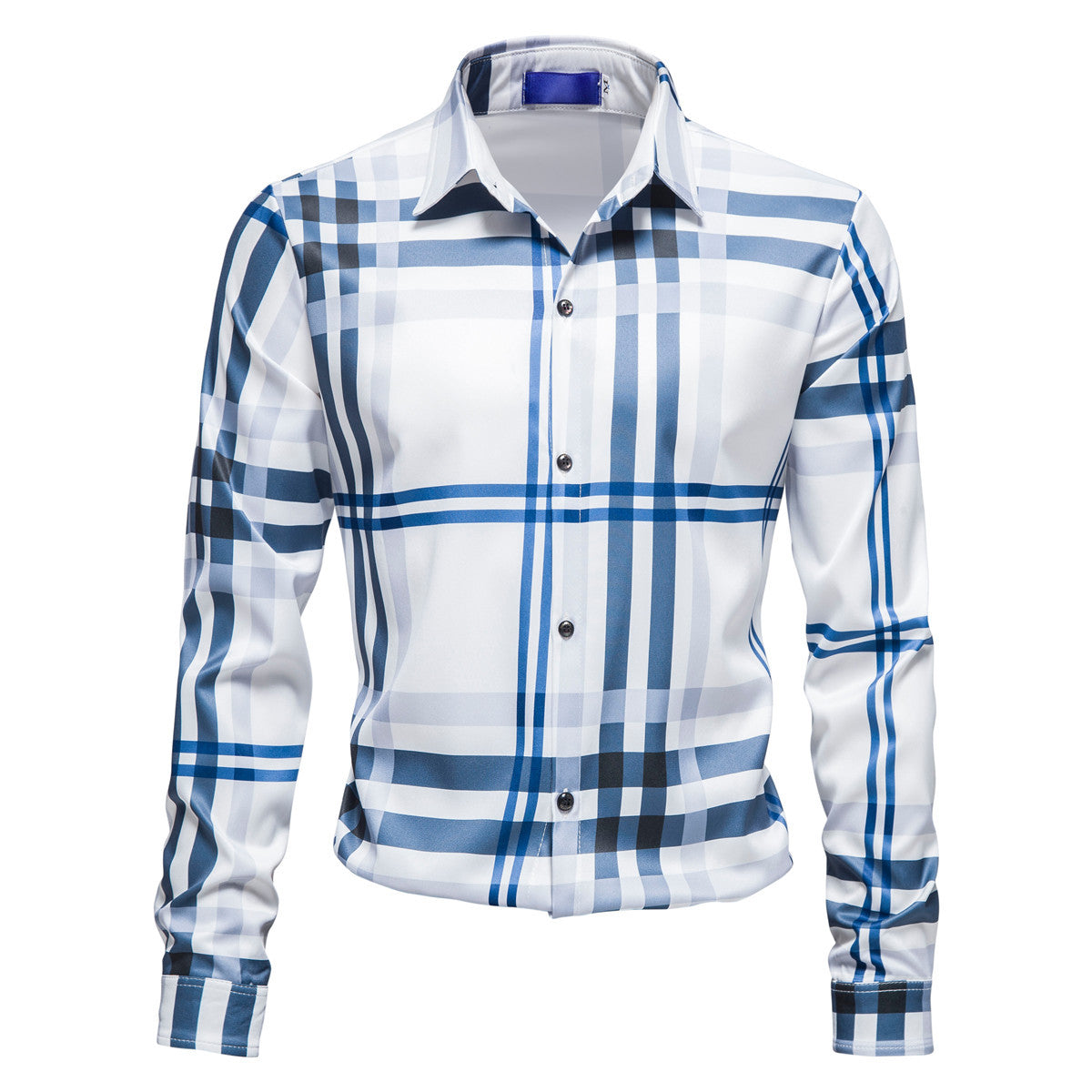 Men's Checked Slim-Fit Business Shirt with Shark Collar and Fine Shine Chichicherry