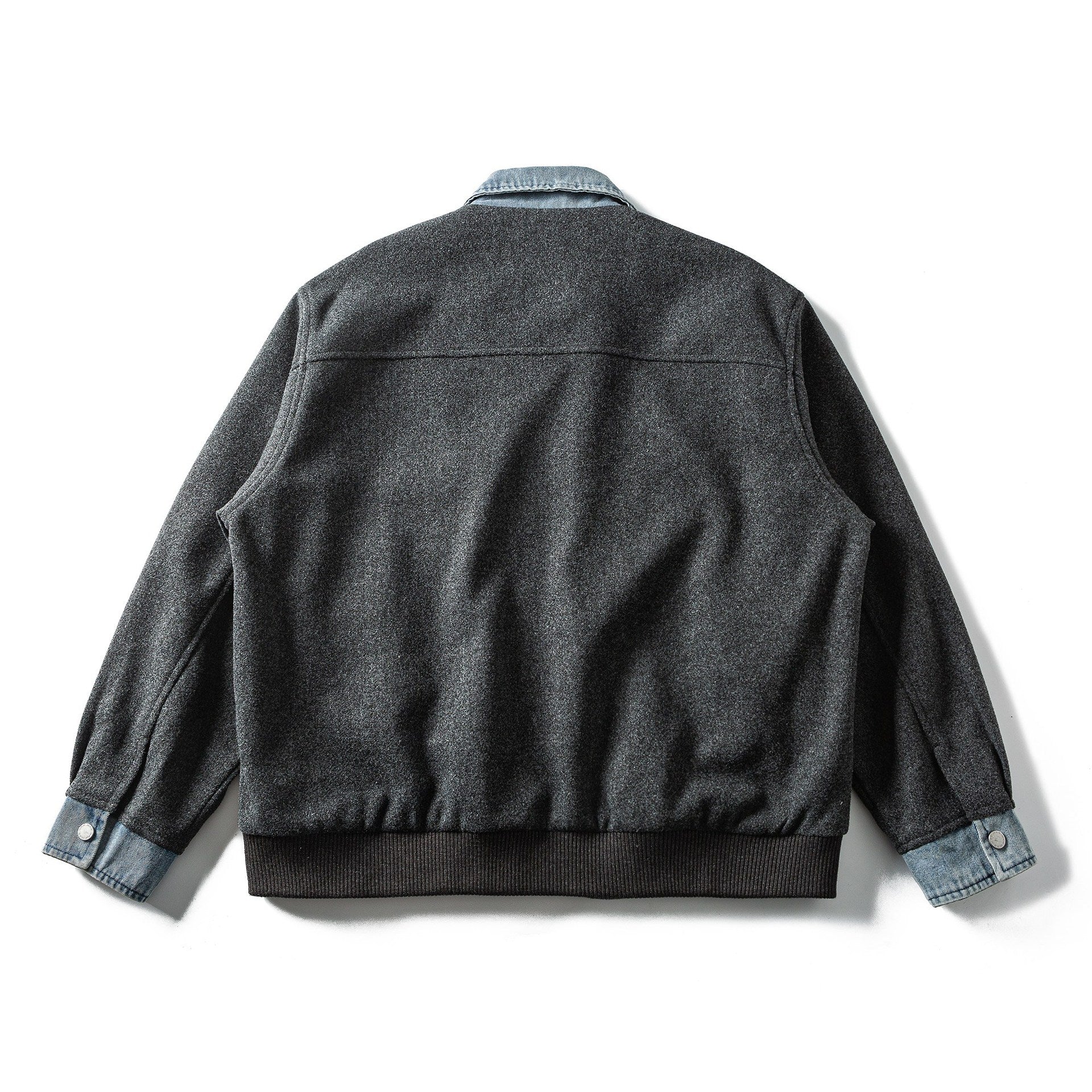 Men's Short Wool Blend Bomber Jacket with Denim Collar and Flap Pockets Chichicherry