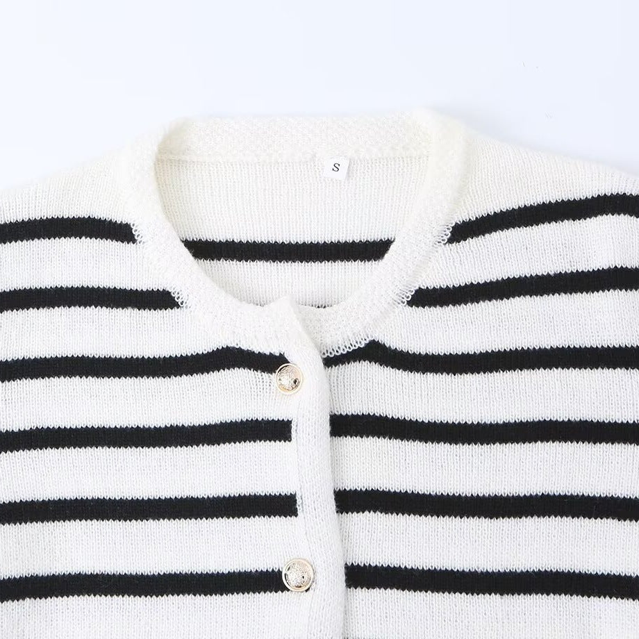 Women Striped Cardigan with Round Neck, Decorative Button Placket and Patch Pockets Chichicherry