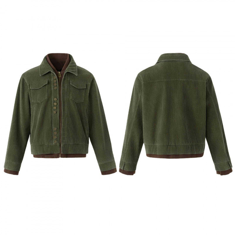 Men's Boxy Corduroy Blouson Jacket with Double Front, Flap Pockets and Ribbed Hem Chichicherry