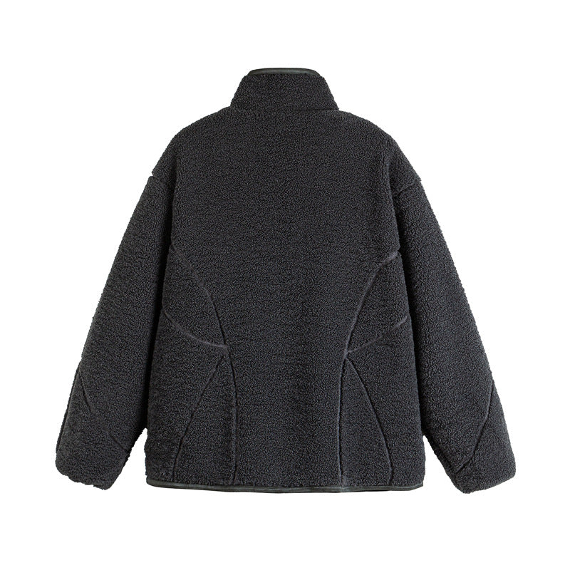 Unisex Teddy-Fleece-Bomber Jacket with Stand Collar and Geometric Seam Design Chichicherry