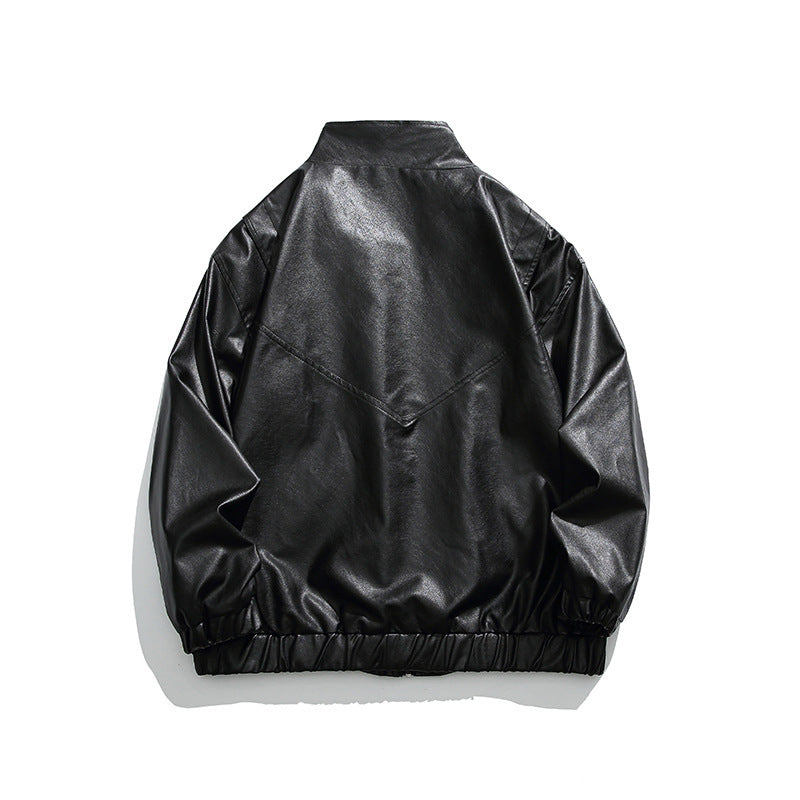 Men's Boxy Faux Leather Blouson Jacket with Stand Collar Snap Placket and Elastic Hem Chichicherry