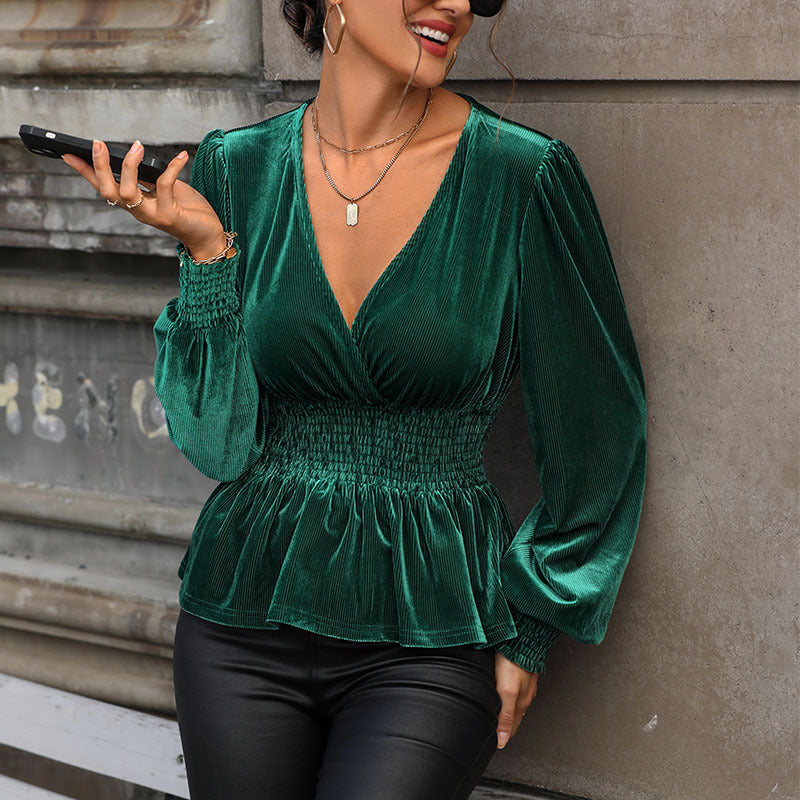 Women's velvet blouse with V-neck, gathered smock waist and peplum hem