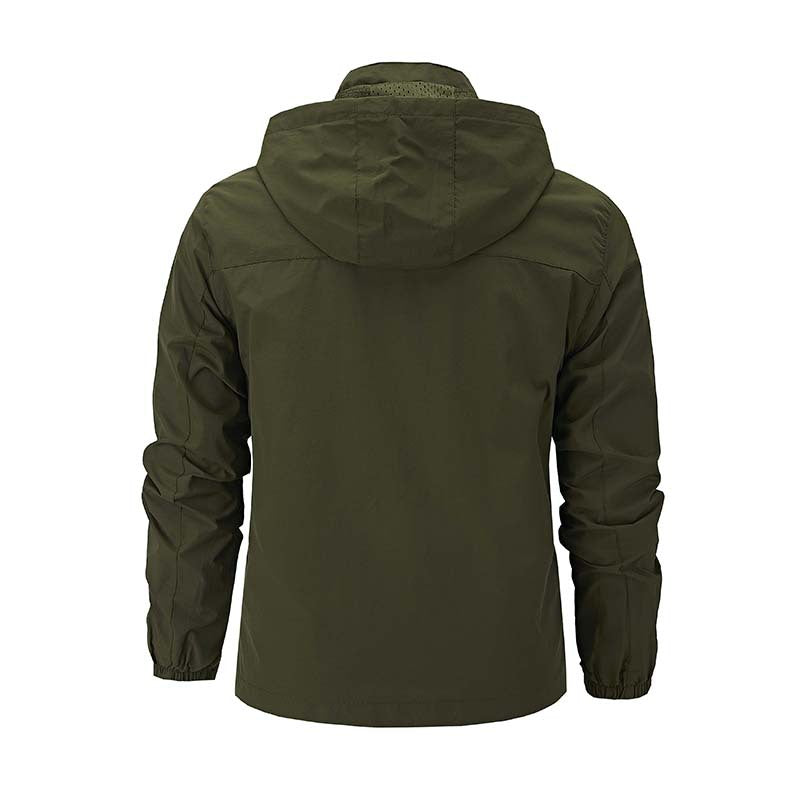 Men's Multifunctional Softshell Outdoor Jacket with Hood, Chest Zipper, and Breathable Lining Chichicherry
