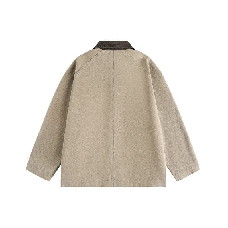 Unisex Short Cut Boxy Denim Jacket with Cord Collar and Tonal Decorative Stitches Chichicherry