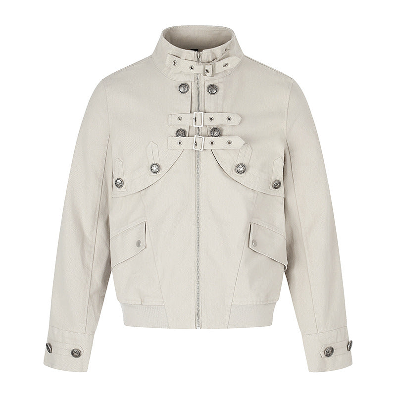 Women's short fitted bomber jacket with stand-up collar, decorative buckles, and flap pockets Chichicherry