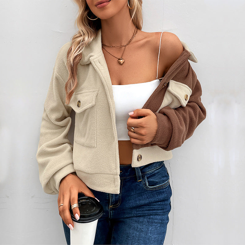 Women's short jacket made of teddy fleece with color block design & flap pockets Chichicherry