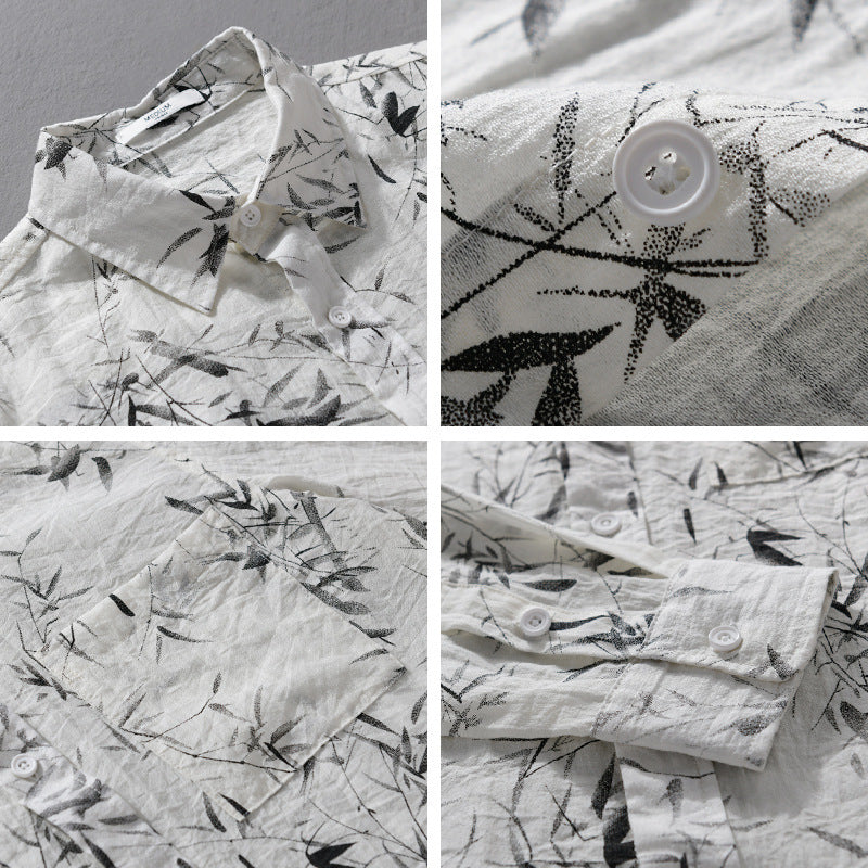 Men's Breathable Linen-Cotton Shirt with Botanical Brush Print and Kent Collar Chichicherry