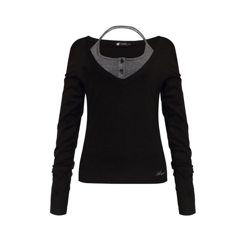 Women's long sleeve shirt with double layer effect, deep V-neck and striped insert Chichicherry