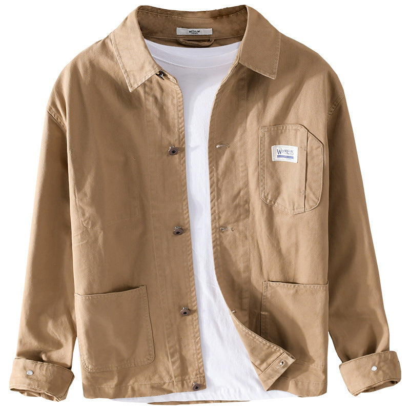 Men's Lightweight Cotton Chore Jacket in Worker Style with Kent Collar and Patch Pockets Chichicherry